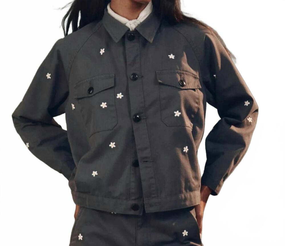 NEW THE GREAT. garage jacket with daisy embroidery in navy